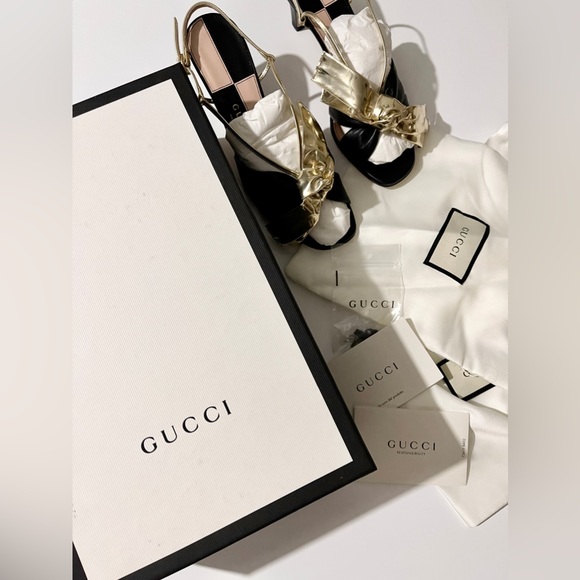 NEW, Authentic Gucci Slingback Kitten-Heel Sandals in Black and Gold - Picture 11 of 13